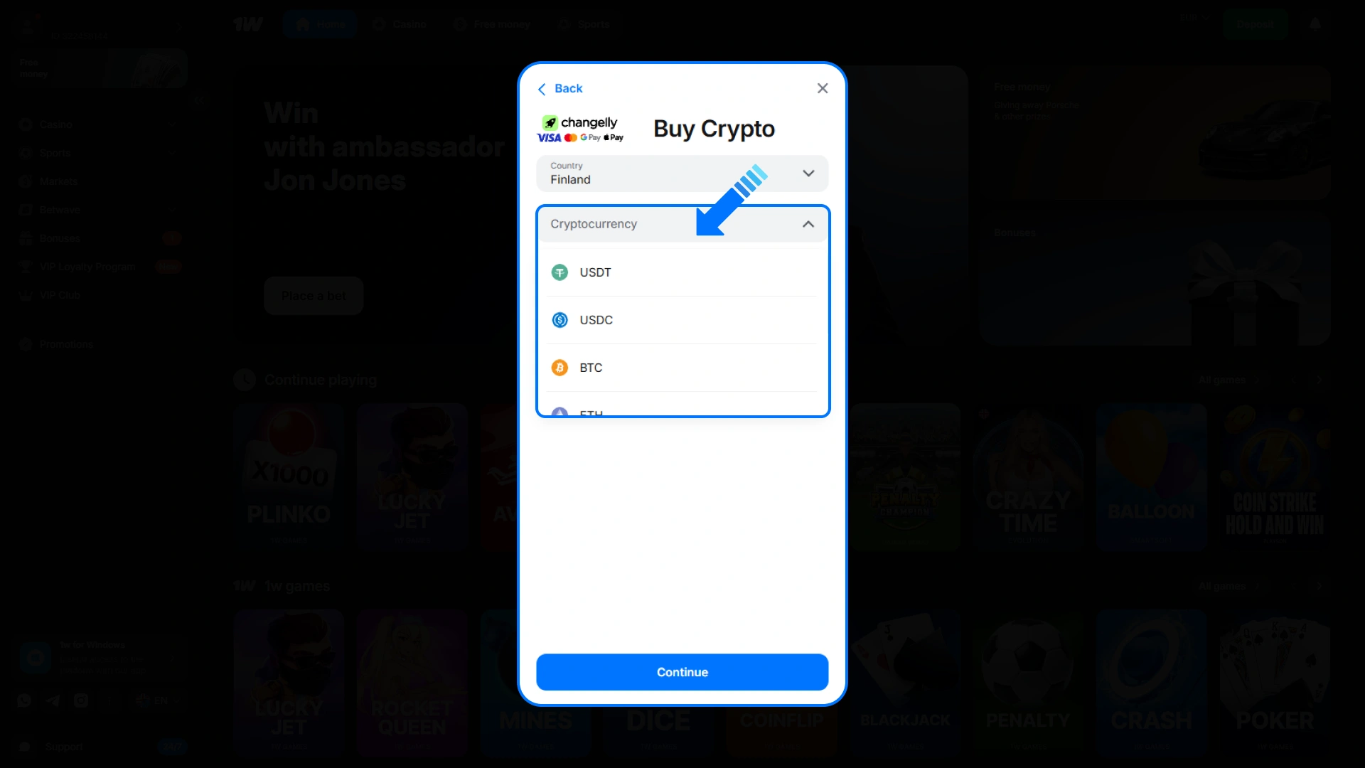 Select your preferred digital coin to place wagers on 1w games.