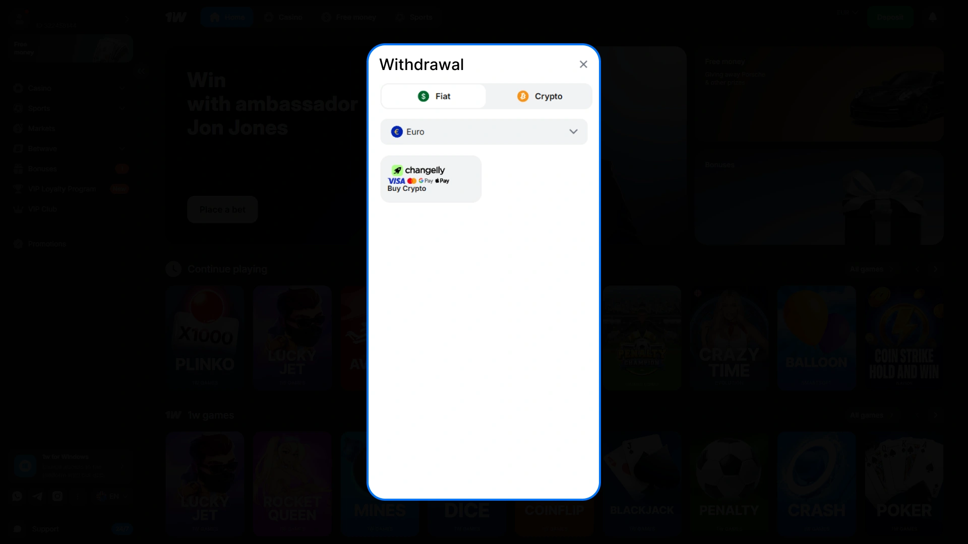 Pick your preferred payment option to cash out from 1w games.