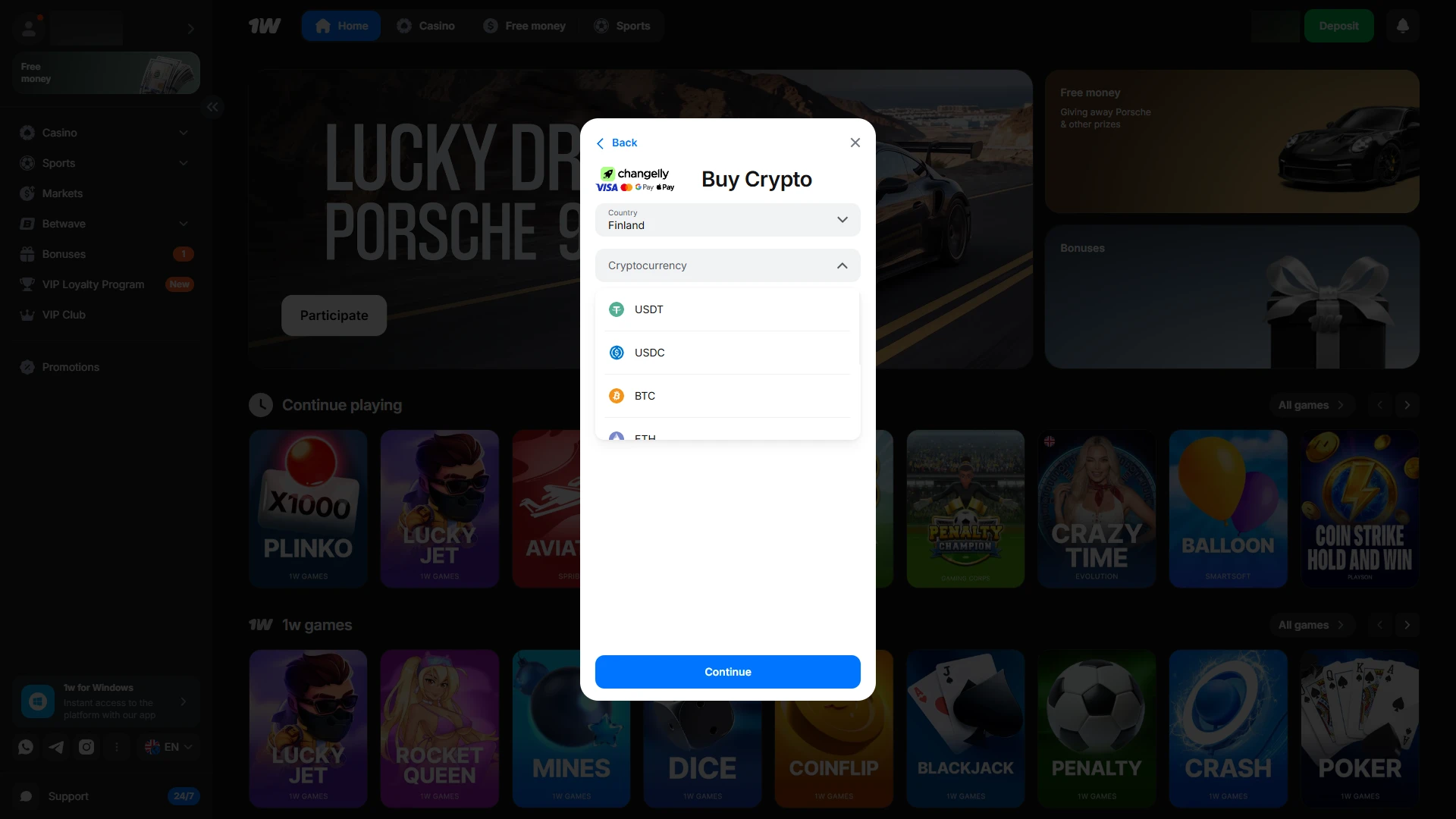 Access your profile and fund your balance to play 1w games.